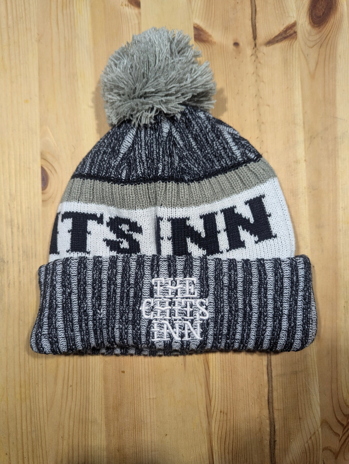 Chits Inn Winter Beanie Hat | Tri-Color Pom-Pom Knit Cap with Embroidered Logo | Navy Blue, Grey & White Unisex Headwear