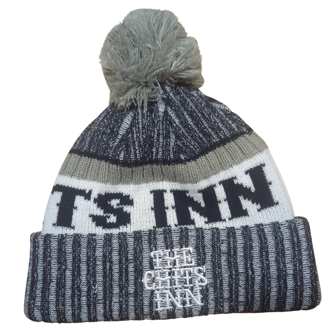 Chits Inn Winter Beanie Hat | Tri-Color Pom-Pom Knit Cap with Embroidered Logo | Navy Blue, Grey & White Unisex Headwear