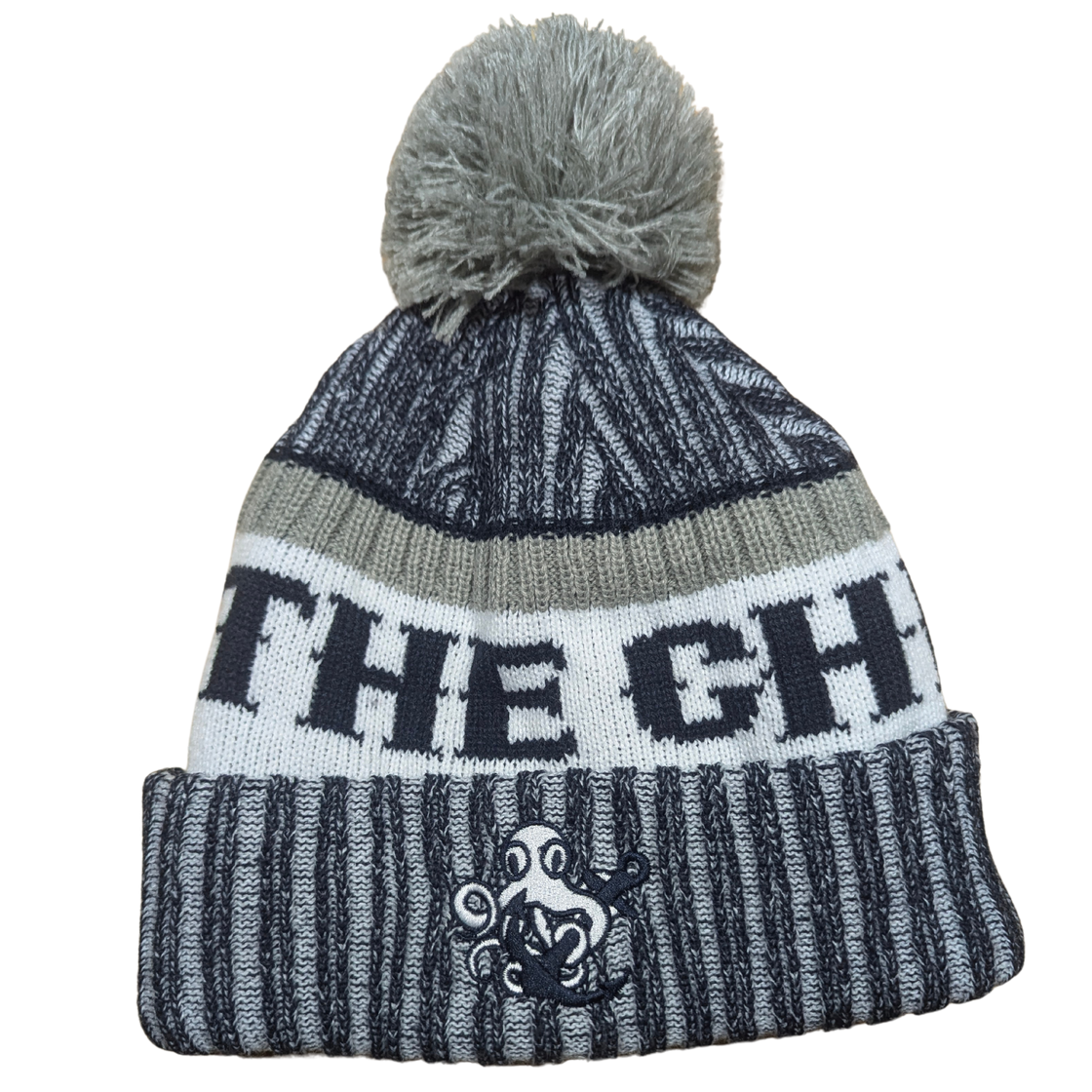 Chits Inn Winter Beanie Hat | Tri-Color Pom-Pom Knit Cap with Embroidered Logo | Navy Blue, Grey & White Unisex Headwear